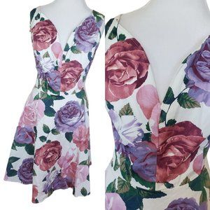 Womens White Floral Pinup Style Fit N Flare Dress Pink Purple Roses Size 22‎